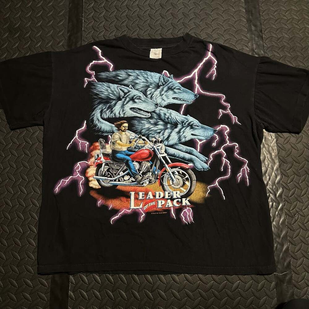 Vintage American Thunder Leader of the Pack Wolf Motorcycle Thunder T-Shirt XL